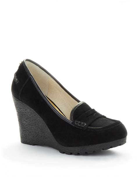 michael kors rory suede wedge loafer black size 7|Michael Kors Rory Suede Platform Penny Loafer Wedge Heels .